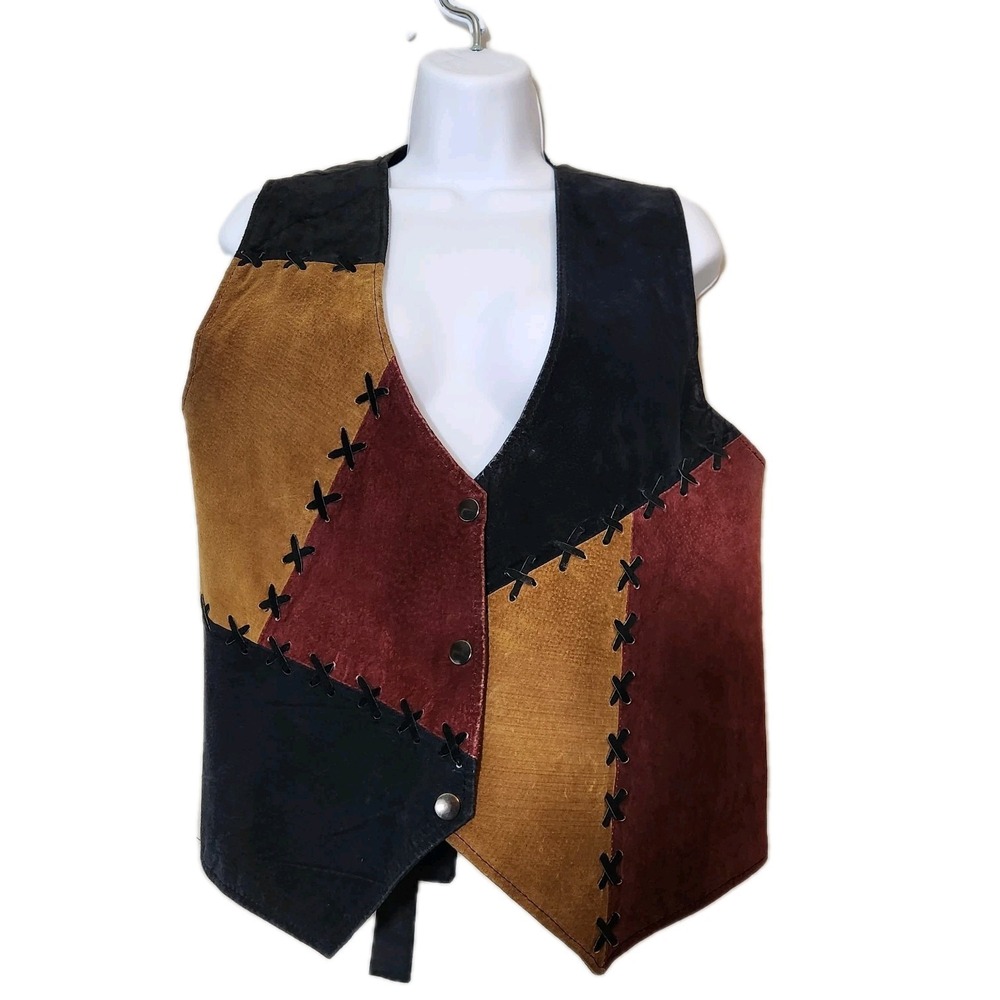 Vintage Learsi Vest Size S 90s Brown Red Hippie‎ Western Grunge Boho Leather